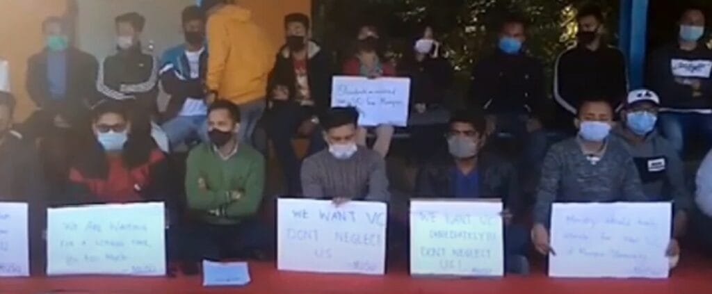 Manipur University students begin stir demanding vice chancellor appointment 3 Students of Manipur University staging protest demanding appointment of VC inside MU campus on Saturday 2