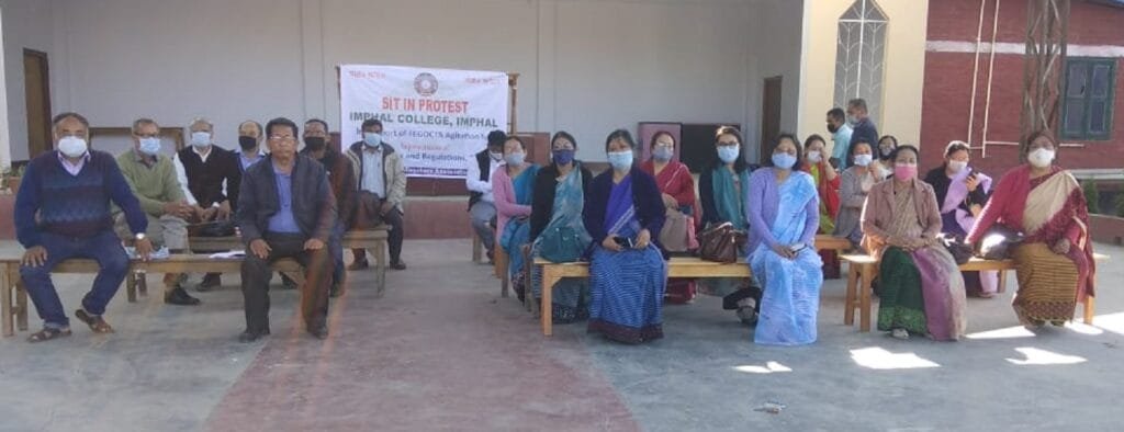 Govt college teachers in Manipur to intensify agitation 2 College treachers on sit in protest at Moirang College in Bishnupur district on Tuesday