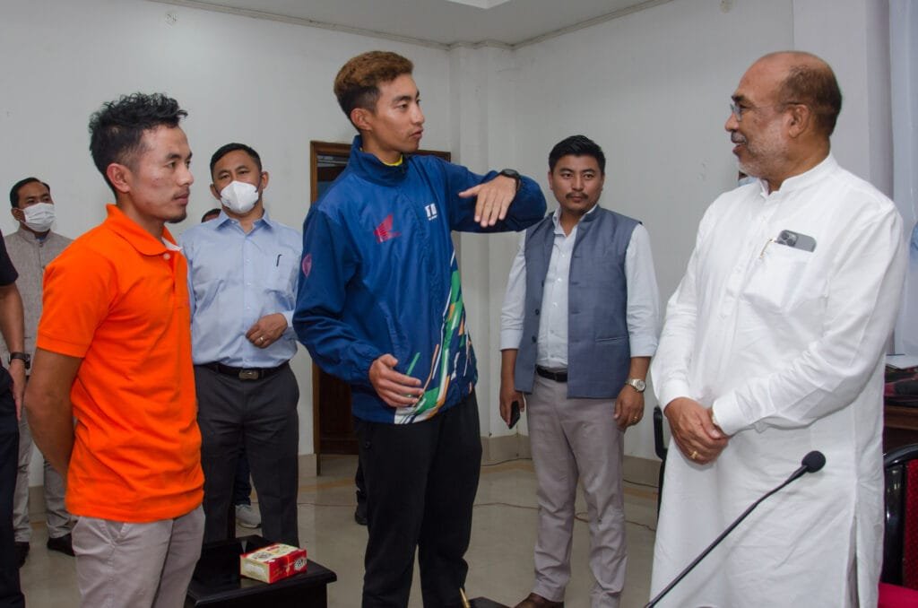 Adonis Khariksing Tangpu, National MTB Champion Felicitated 2 Adonis with CM N Biren