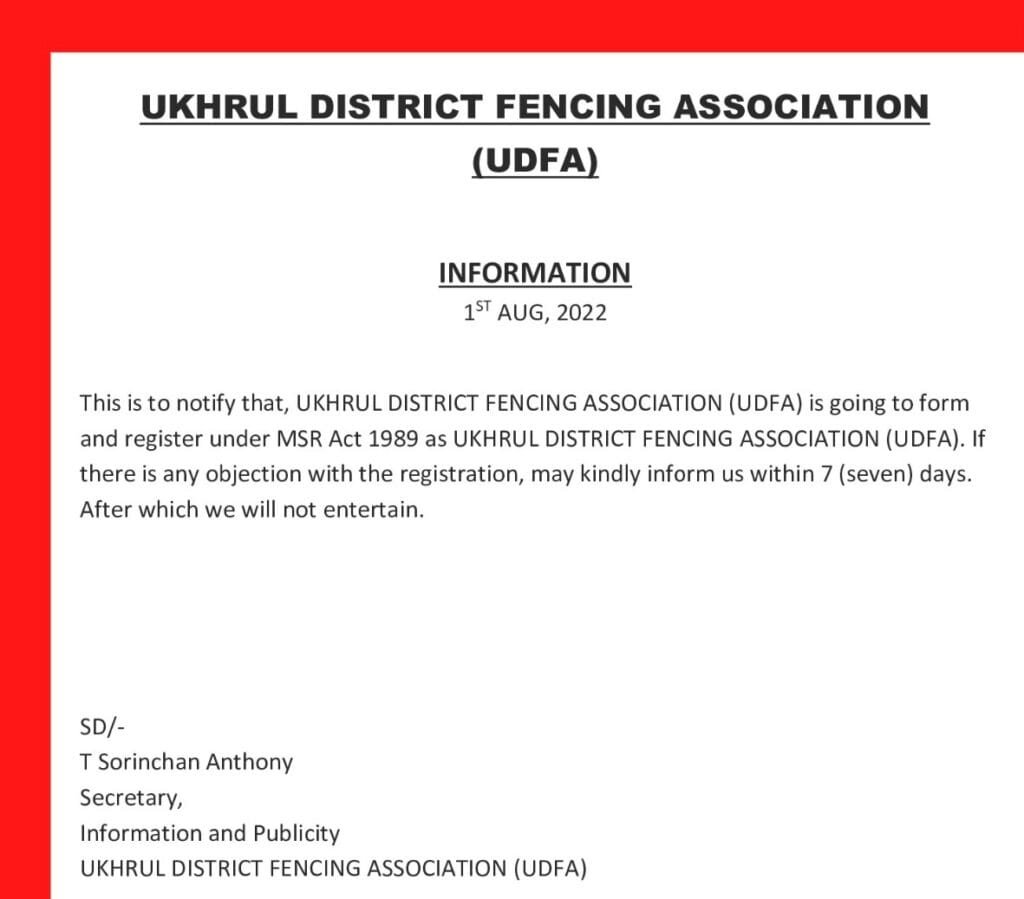 Tribal Students’ Union calls 24 hr total shutdown on 3-4 August in Manipur hill districts 2 Ukhrul Fencing Association
