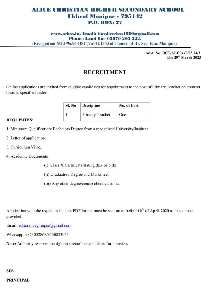ATSUM to agitate against reservation norms of recruitment in RIMS 1 Recruit Lower section Alice Christian Higher Secondary School March 23