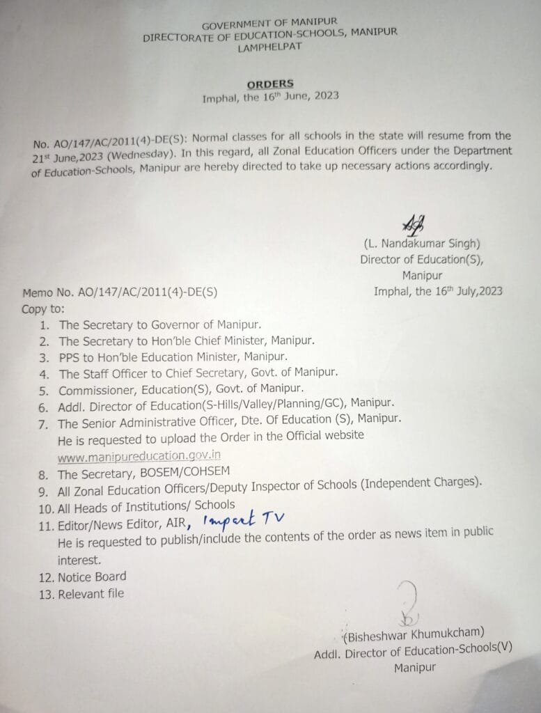 Govt of Manipur orders Schools to resume classes from June 21 1 Schools in Manipur to resume from June 21