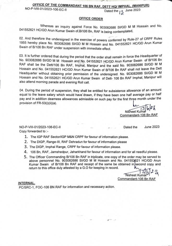 Two Rapid Action Force suspended for vandalisng private property in Manipur 2 Two Rapid Action Force suspended for vandalisng private property in Manipur
