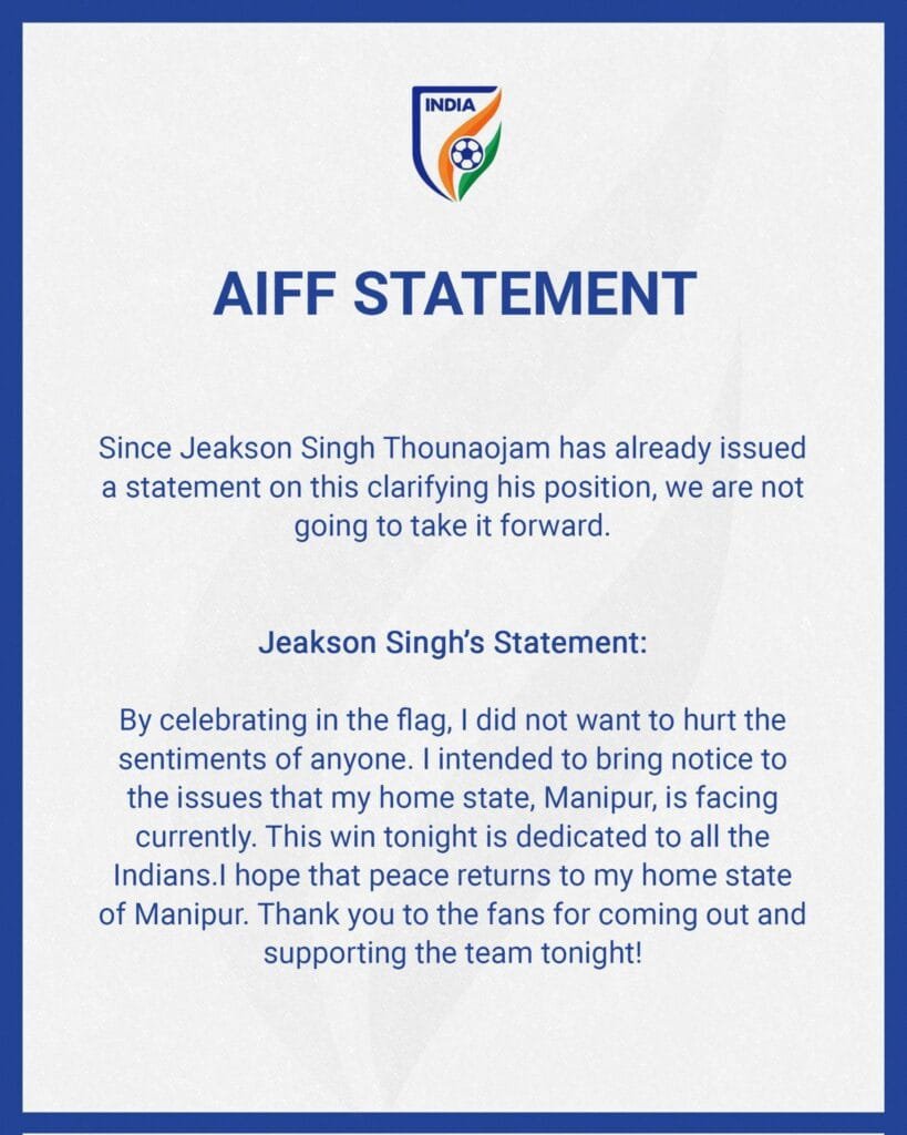 Manipuri footballer Jeakson Singh sparks controversy over Salai Taret flag in pitch; Says win dedicated to Indians 2 AIFF