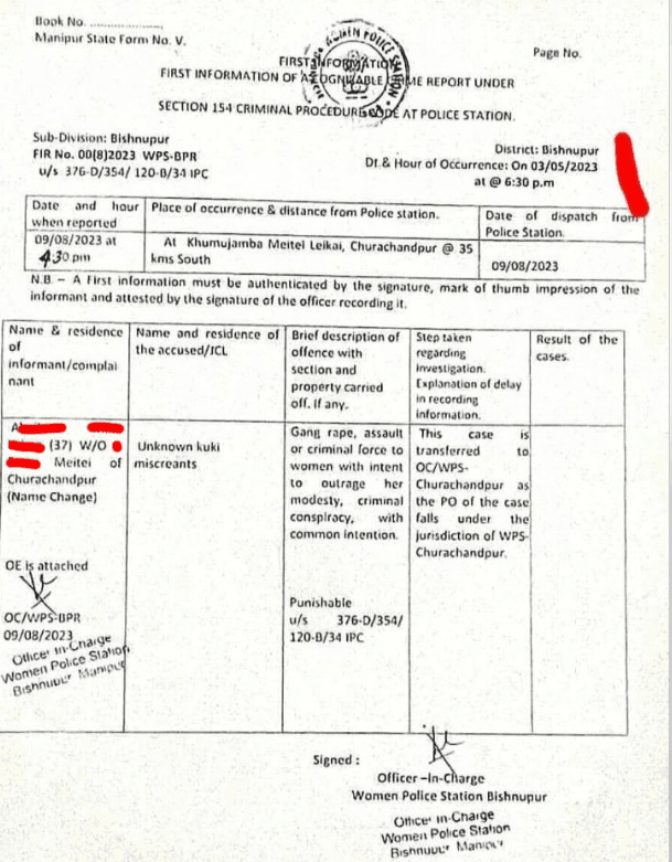 37-year-old Meitei woman allegedly gang raped in Churachandpur on May 3; Zero FIR filed 1 zero fir