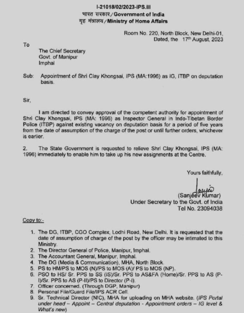 IG, Manipur Police Clay Khongsai appointed as IG, ITBP 1 IG MANIPUR POLICE CLAY KHONGSAI APPOINTED AS IG ITBP 2